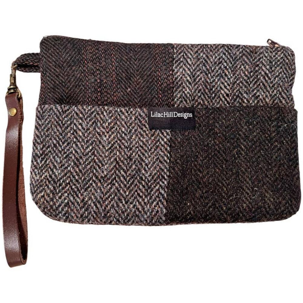 Lilac Hill Designs Upcycled Wool Makeup Travel Pouch Wallet Wristlet Brown Gray